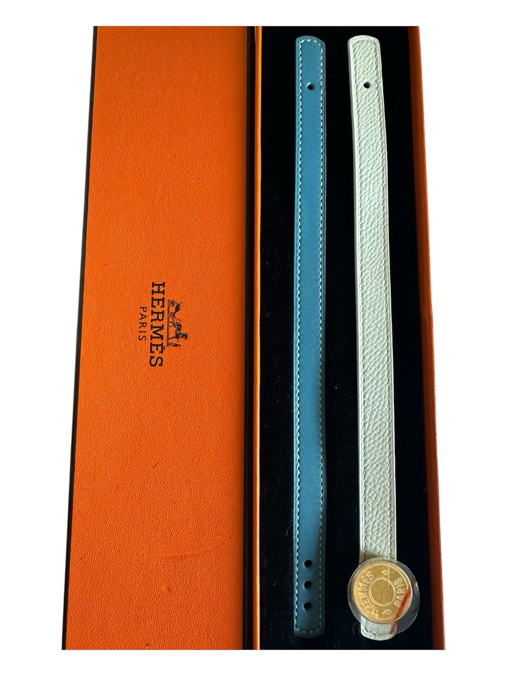 NIB Hermès Sellier Looping Bracelet Set White Blue Jean Gold Hardware Size M